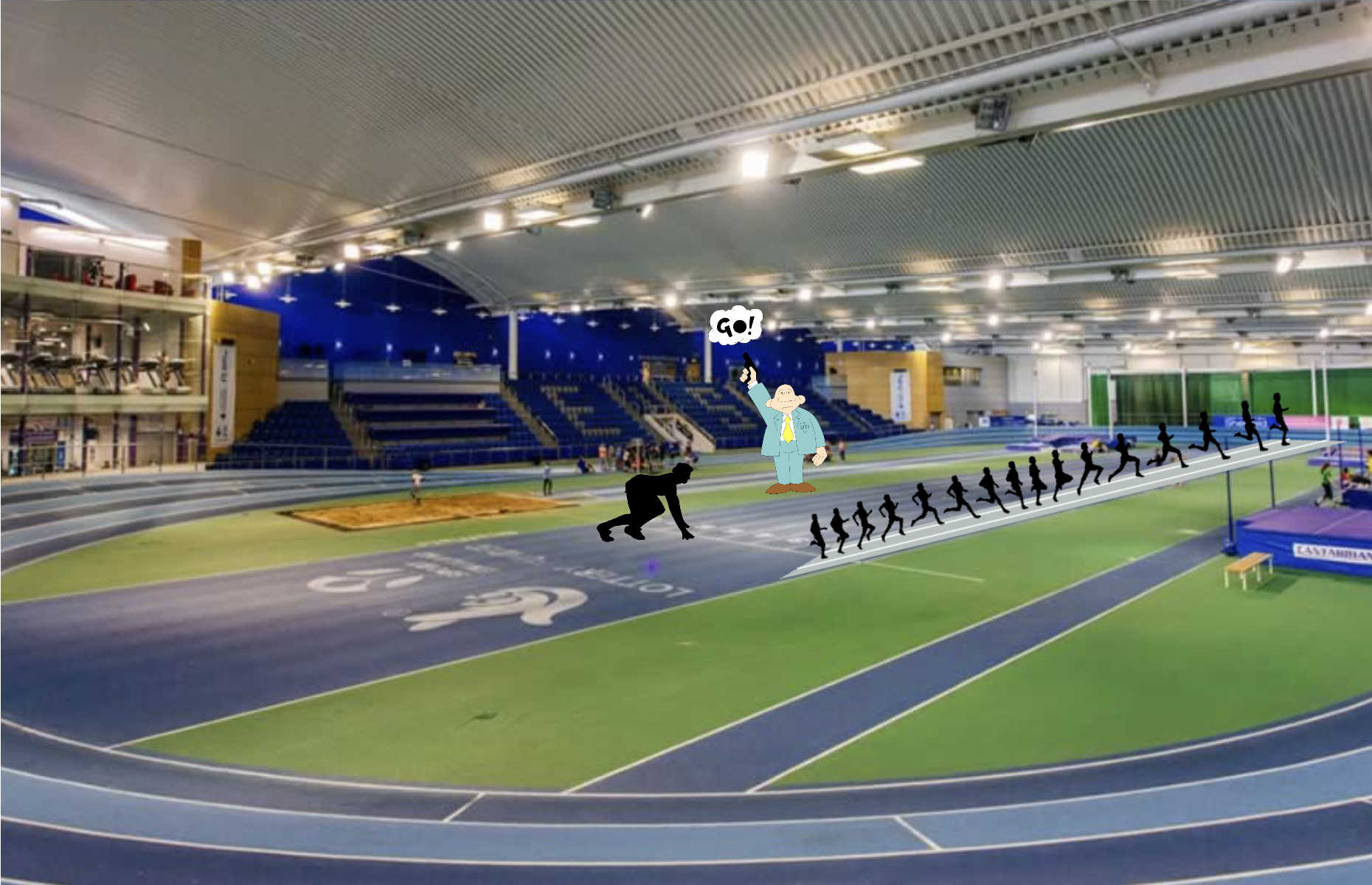 sheffield indoor stadium with cartoon athletes